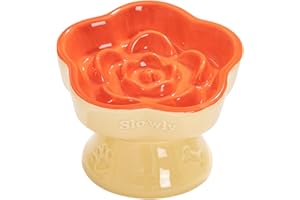 Aquainno Ceramic Raised Slow Feeder Cat Bowl, Elevated Tilted Anti-Vomiting Pet Bowl for Cats & Small Dogs - Cute Flower Design, Non-Slip Base, Shallow Wide Dish for Dry/Wet Food (Orange, 5.8 Inch)