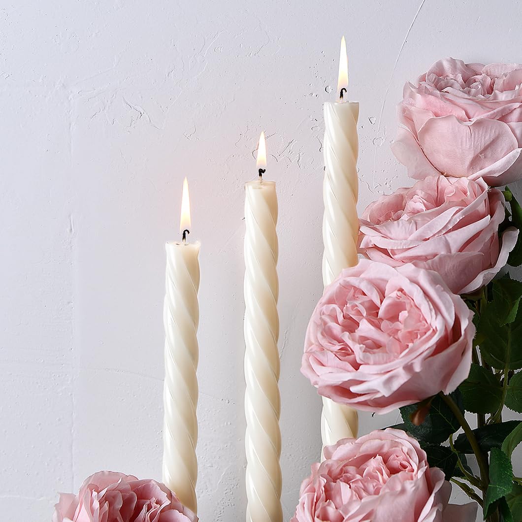 Photo 1 of 10 Inch Spiral Ivory Taper Candles, 4 Pack Unscented Dripless Long Burning Time Gloosy Fall Candlesticks for Dinner Party, Wedding Shower and Home Decoration (Ivory)