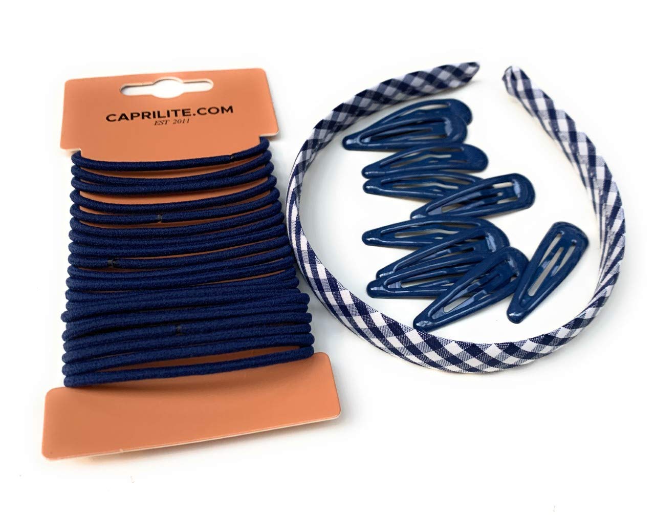 Mega Girls' School Hair Accessories Bundle Set - Gingham Checked Headband Snap Clips Bobbles Hairbands (Navy Blue)