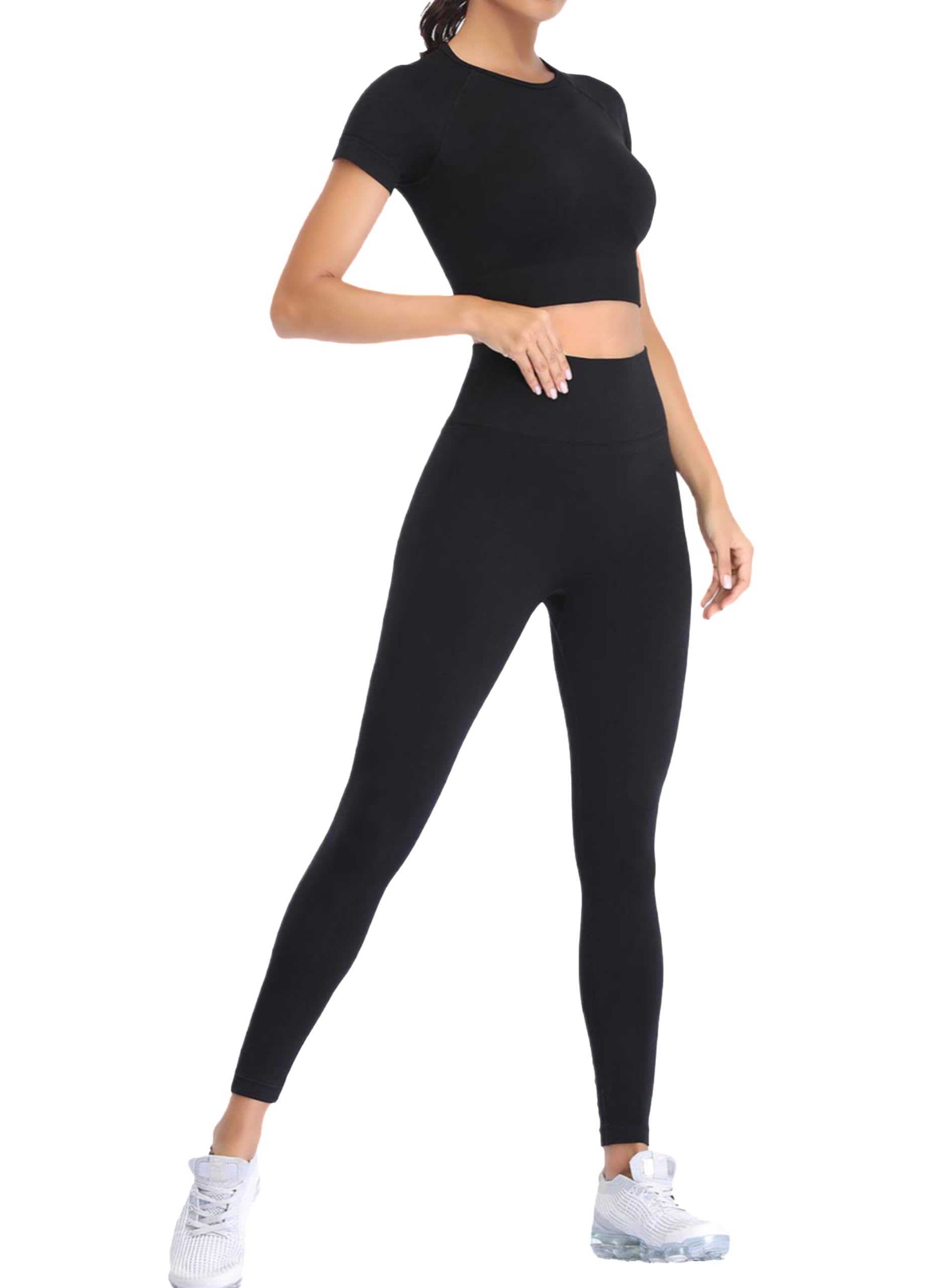 Photo 1 of 2 Piece Short Sleeve Outfits for Women Seamless Crop Tops Set for Women Workout Set(8005L-Black)
