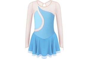 TSSOE Kids Girls Long Sleeve Sequins Printing Ice Roller Figure Skating Dress Illusion Ballet Dancewear