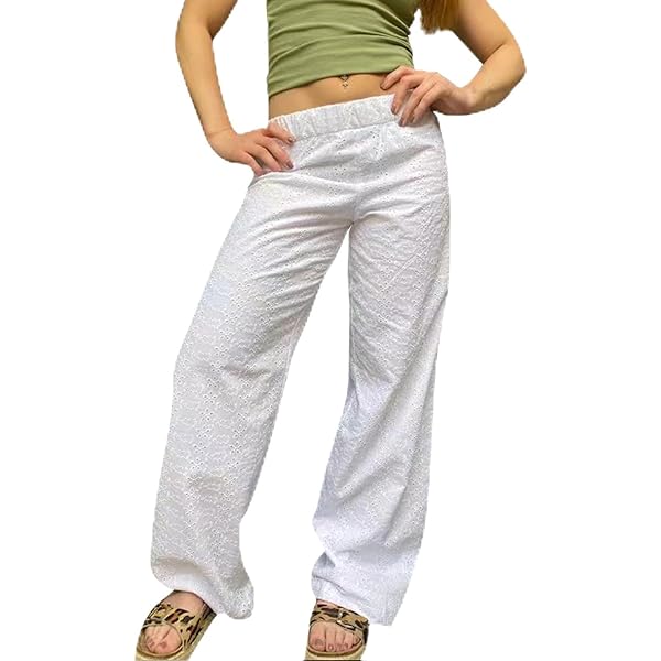 【2plan】Eyelet Over Wide Pants Lizynuty Women Y2k Lounge Pants Elastic Waist Wide Leg