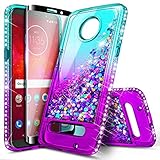 Moto Z2 Play Case with Tempered Glass Screen Protector (Full Coverage) for Girls Women, NageBee Glitter Liquid Bling Floating Waterfall Shockproof Cute Case for Motorola Moto Z2 Play -Aqua/Purple