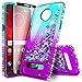 Moto Z2 Play Case with Tempered Glass Screen Protector (Full Coverage) for Girls Women, NageBee Glitter Liquid Bling Floating Waterfall Shockproof Cute Case for Motorola Moto Z2 Play -Aqua/Purple