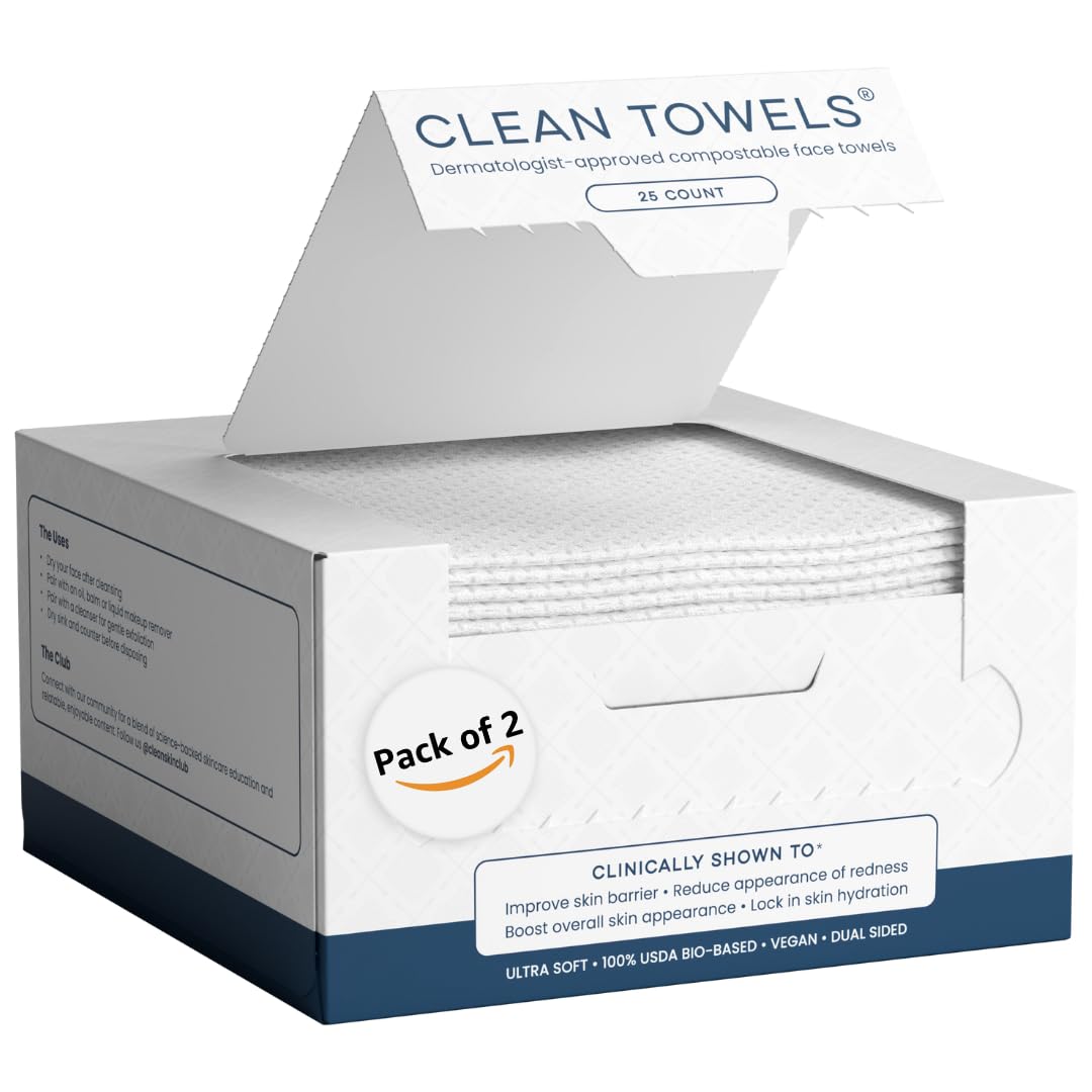 Clean Skin Club Clean Towels, 100% USDA Biobased Dermatologist Approved Face Towel, Disposable Clinically Tested Face Towelette, Facial Washcloth, Makeup Remover Dry Wipes, Ultra Soft (2 pack)