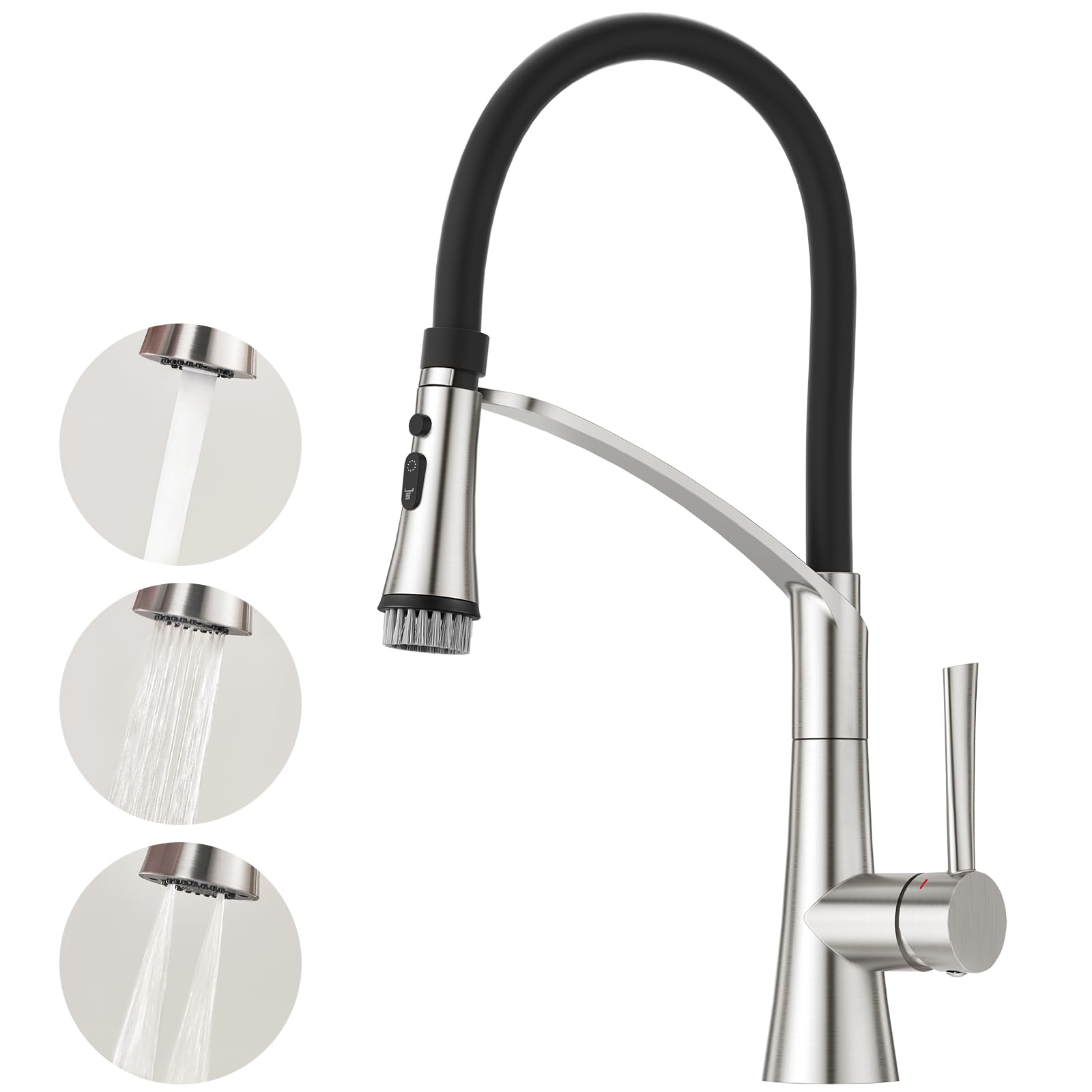 CREA Kitchen Tap With Pull Down Dual Function Sprayer, 360° Swivel Sink Mixer, Single Lever, Black Silicone Hose, Stainless Steel