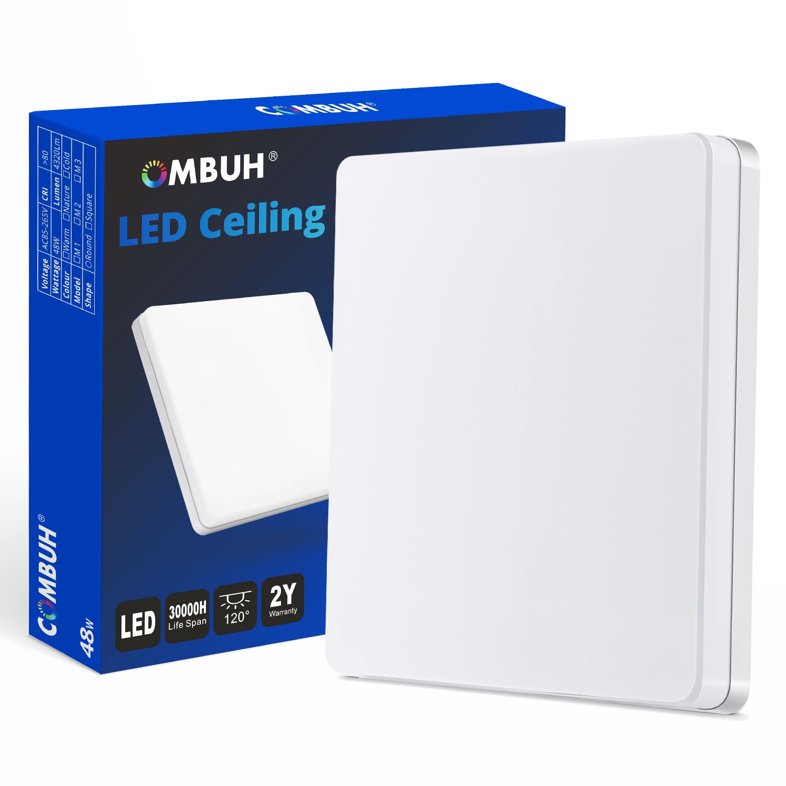 Combuh 30CM LED Flush Ceiling Light Cool White 6500K, IP44 Waterproof, Bright 48W Square Modern Lighting Fitting for Bathroom, Kitchen, Living Room, Roof, Office