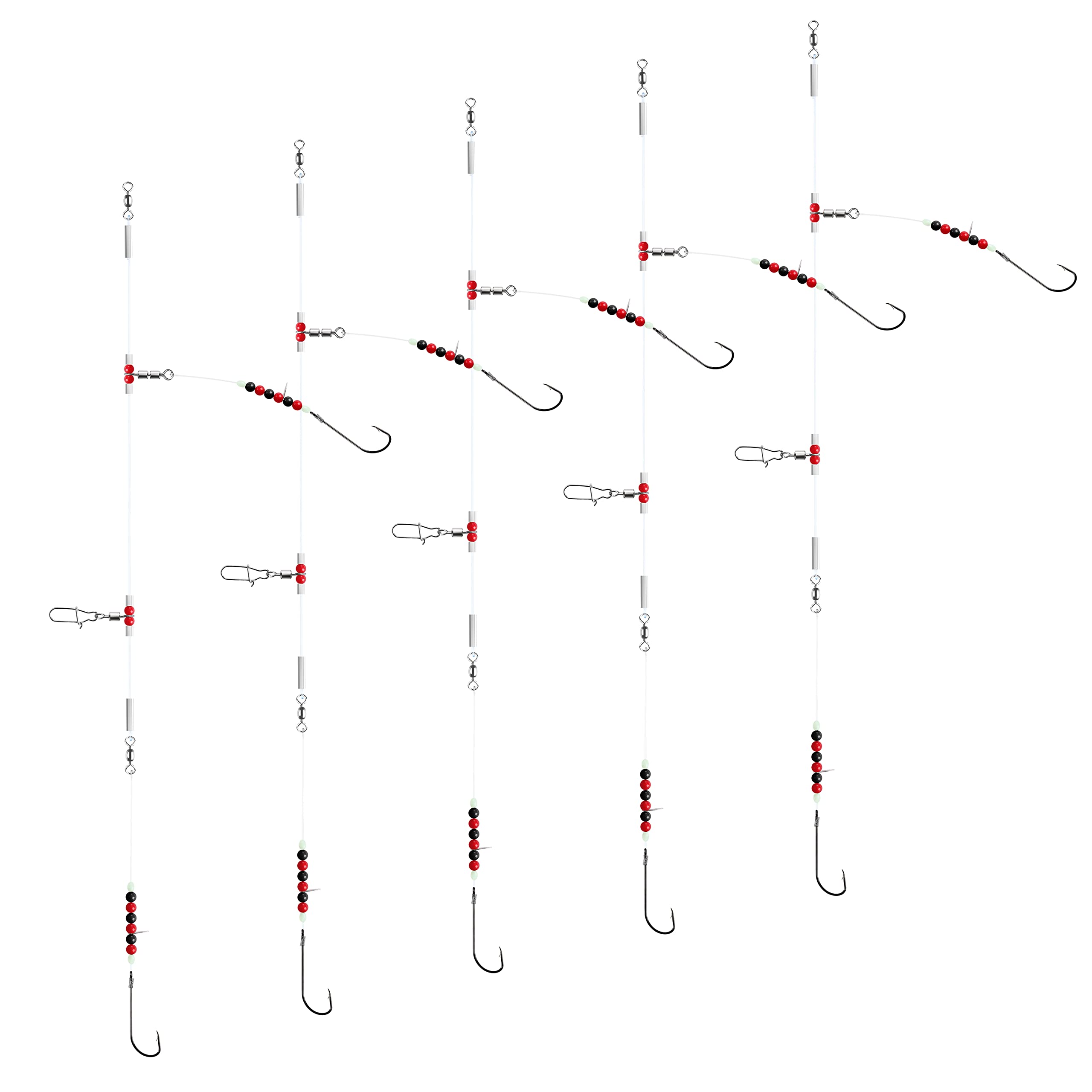 Luroad 5Pcs Sea Fishing Flapper Rigs 2 Hooks, Pre Tie Flatfish Rigs Sea Beach Casting Shore Fishing for Flatfish Sole, Whiting, Flounder, Plaice, Bass (Red Black, 5pcs- Hook size 2/0)