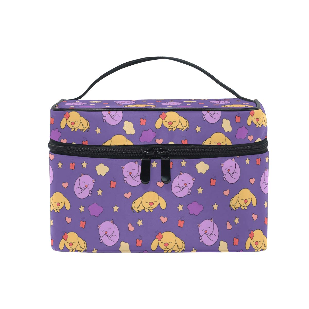 Large Makeup Bag with Compartments, Cat and Dog Sleep Travel Cosmetic Case Toiletry Organiser Storage with Handle for Teenage Girls Women Ladies