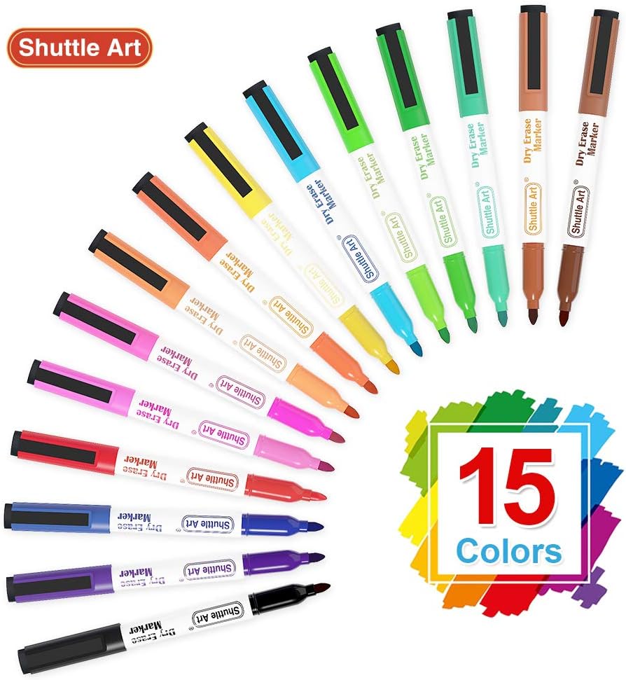 Dry Erase Markers, Shuttle Art 60 Bulk Pack 15 Colors Magnetic Whiteboard Markers with Erase, Fine Point Dry Erase Markers Perfect for Writing on Whiteboards, Glass, Mirror for School Office Home : Office Products