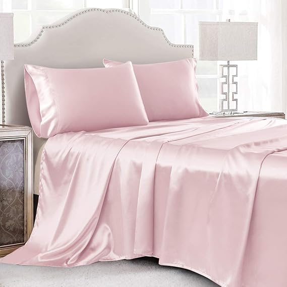 Cobedzy 4 Pcs Blush Pink Satin Sheets Queen Size Silk Satin