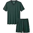 MoFiz Mens Pajama Set Summer Pjs Sleepwear Nightwear Lightweight Quick Dry Soft Short Sleeve V-Neck Pjs Sleep Set With Pocket