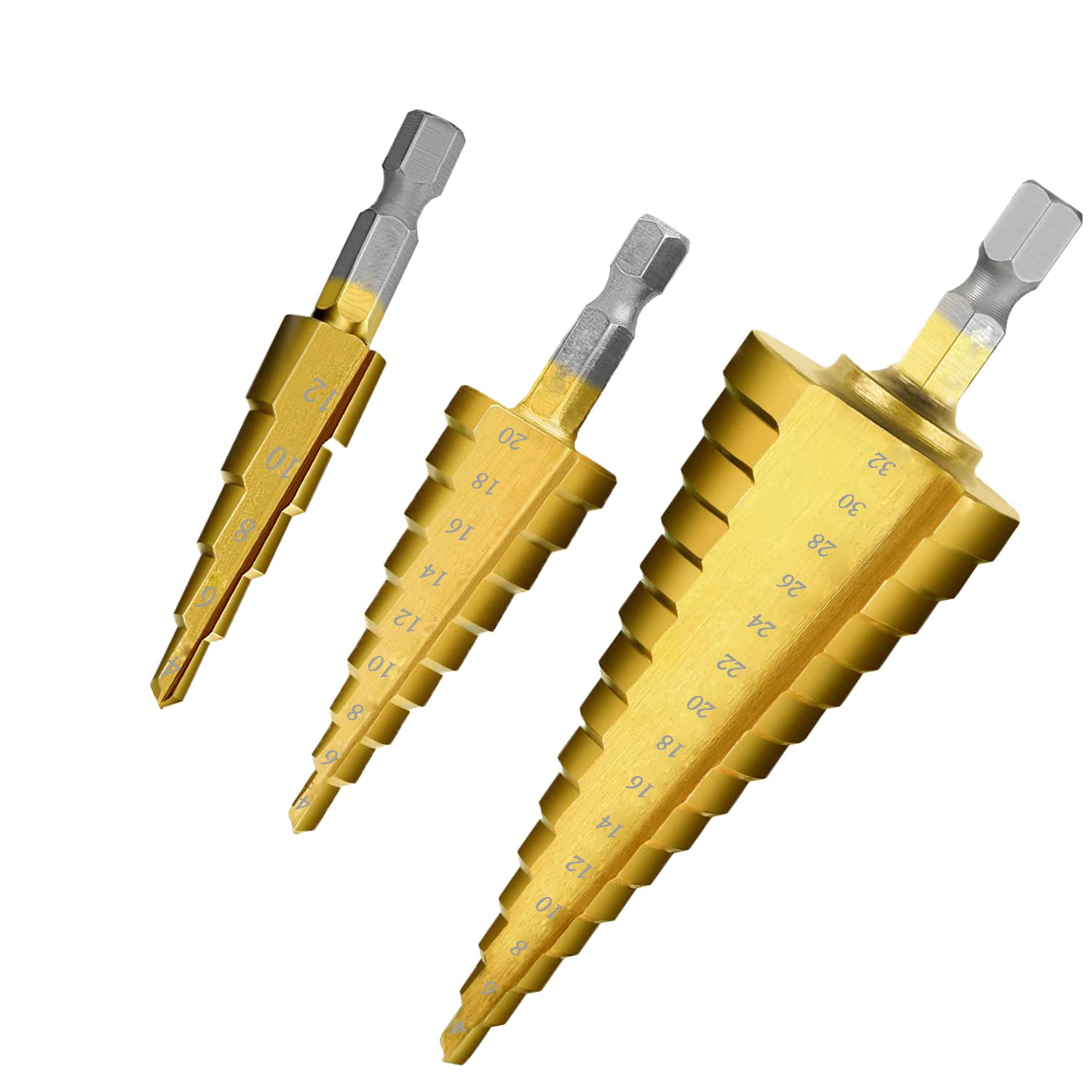 Aniuge 3PCS HSS Step Bits Set High Speed Steel Step Drill Bits Set-(4-12mm,4-20mm and 4-32 mm) Cone Drill Bits Hole Cutter for Wood Stainless Steel Sheet Metal