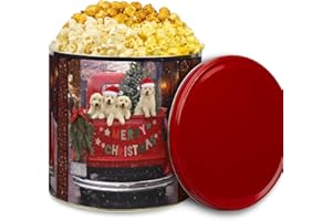 GiftPop Holiday Popcorn Tin - Caramel, White Cheddar, Butter, Popcorn tin with Christmas Puppies - 21 oz (3 Gallon Tin Size)