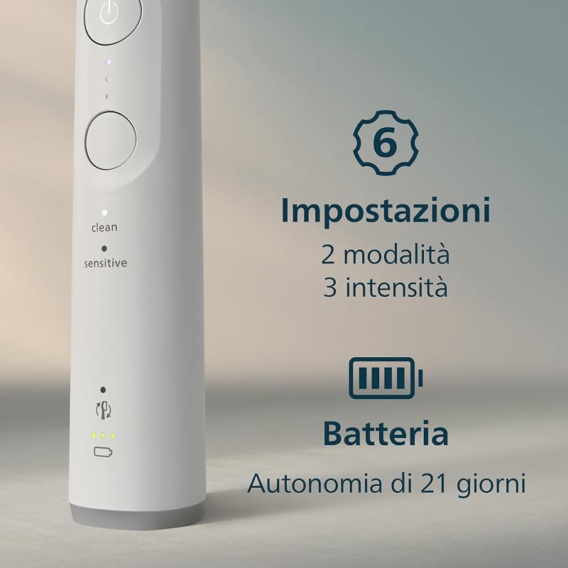 Sonicare 6100, spazzolino sonico con 2 modalità di spazzolamento e 3 livelli di intensità, avviso di pressione, EasyStart, SmarTimer, custodia da viaggio, bianco, HX7400/02 [Nuova tecnologia]