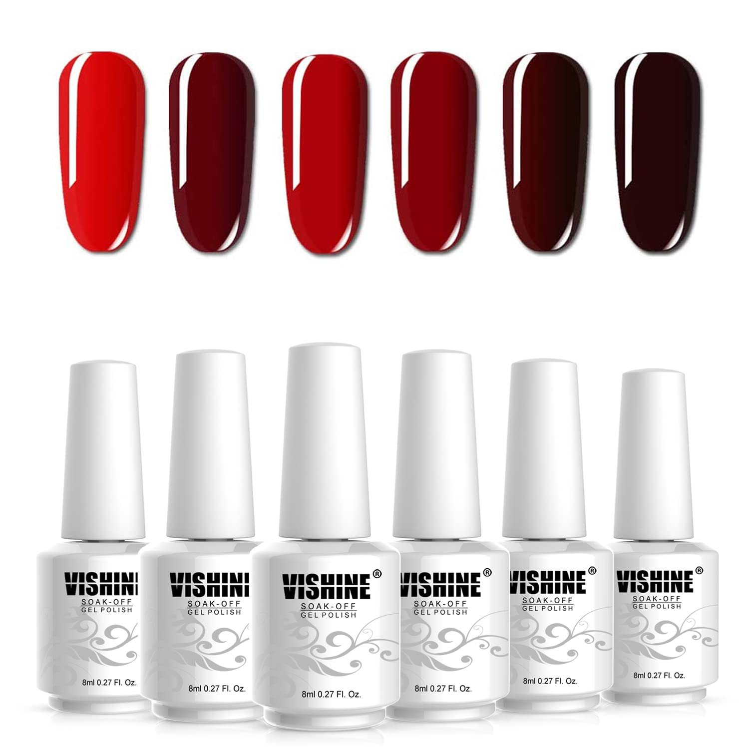 Vishine Red Colors Collection Gel Polish Set- Pack of 6 Colors Shine Finish and Long Lasting, Soak Off UV LED Gel 8ml/Pcs Gift Set