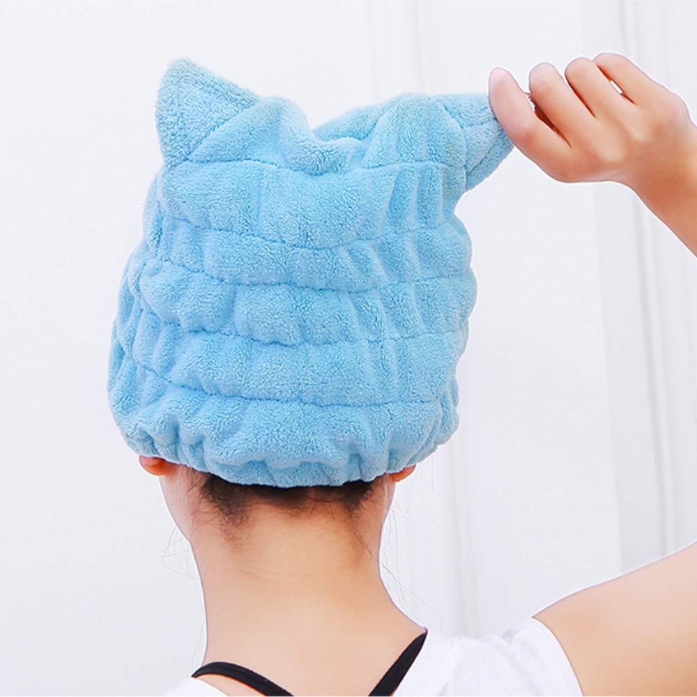 DS-Space Adjustable Microfiber Cute Cartoon Cat Hair Drying Cap Ultra Soft Absorbent Dry Hat Hair Wrap Towel, Reduce Hair Drying Time for Women Adults or Kids Girls (Blue)