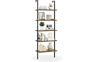 NUMENN 5 Tier Book Shelf, Industrial Ladder Shelf, Open Space Wall Mount Bookshelf with Metal Frame, Sturdy Book Shelves, Bookcase for Living Room, Home Office Shelf, Vintage Brown