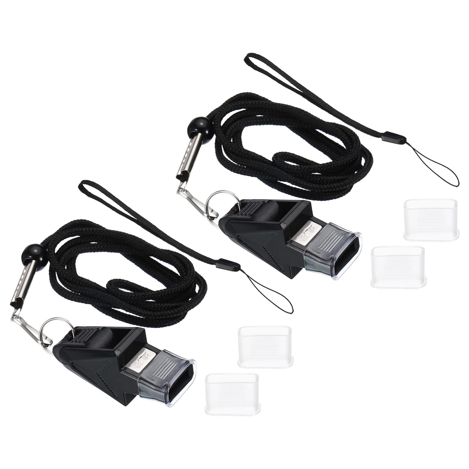 PATIKIL Sports Whistle, 2 Pack Plastic Referee Whistle with Lanyard and Mouth Grip Super Loud Thickened Whistles for Coach Referee Official, Black