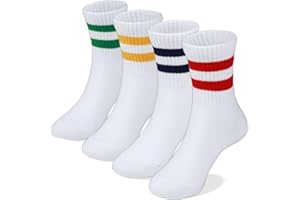 COTTON DAY Unisex School Kids Boys Girls Soft Cotton Black White Gray Navy Khaki Athletic Socks with Retro Stripes