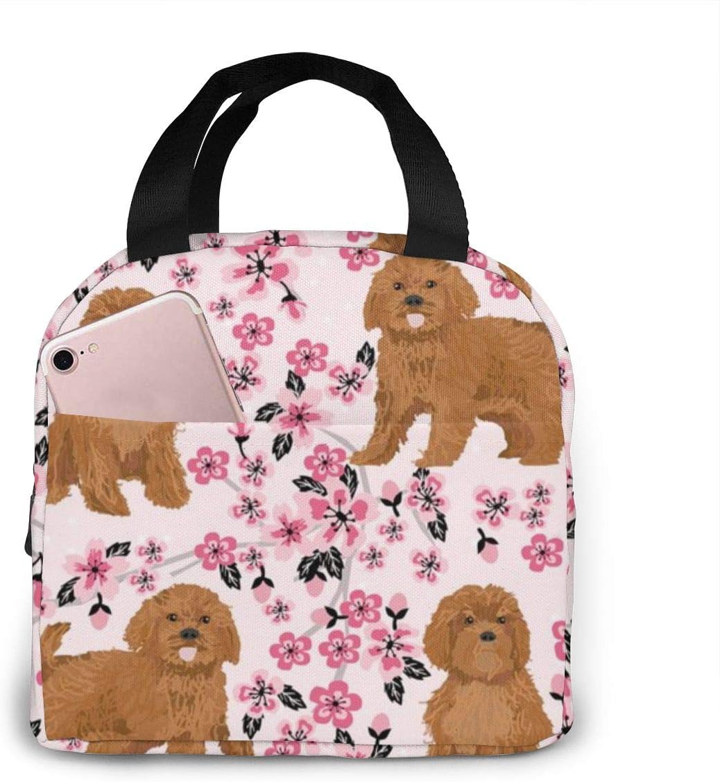 Ruby Cavoodle Cavapoo Dog Breed Cherry Blossom Portable Insulated Lunch Bag Thermal Cooler Bento Waterproof Lunch Tote Handbag with Pockets Durable Handles for Work School Travel