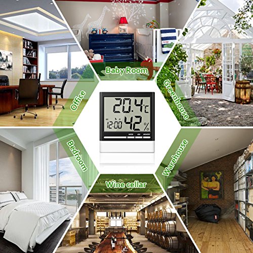 Temperature Hygrometer, EIVOTOR Indoor Thermometers Humidity Monitor with LCD Display, Home Digital Dual Wall Alarm Clock with Day, Date - Battery Included - Thumbnail 3