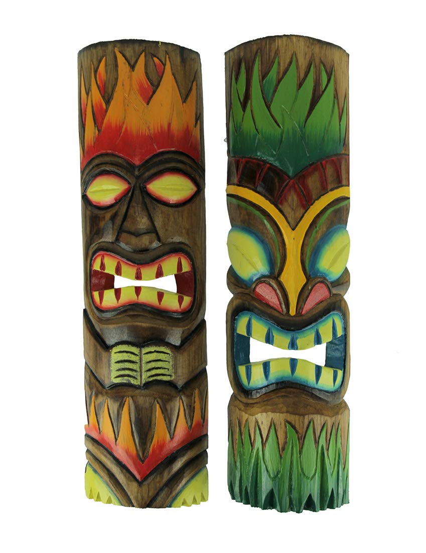 Chesapeake Bay Ltd Set of 2 Fire and Earth Hand Crafted Wood Tiki Totem Wall Dcor Masks Tropical Decor 20 Inches High