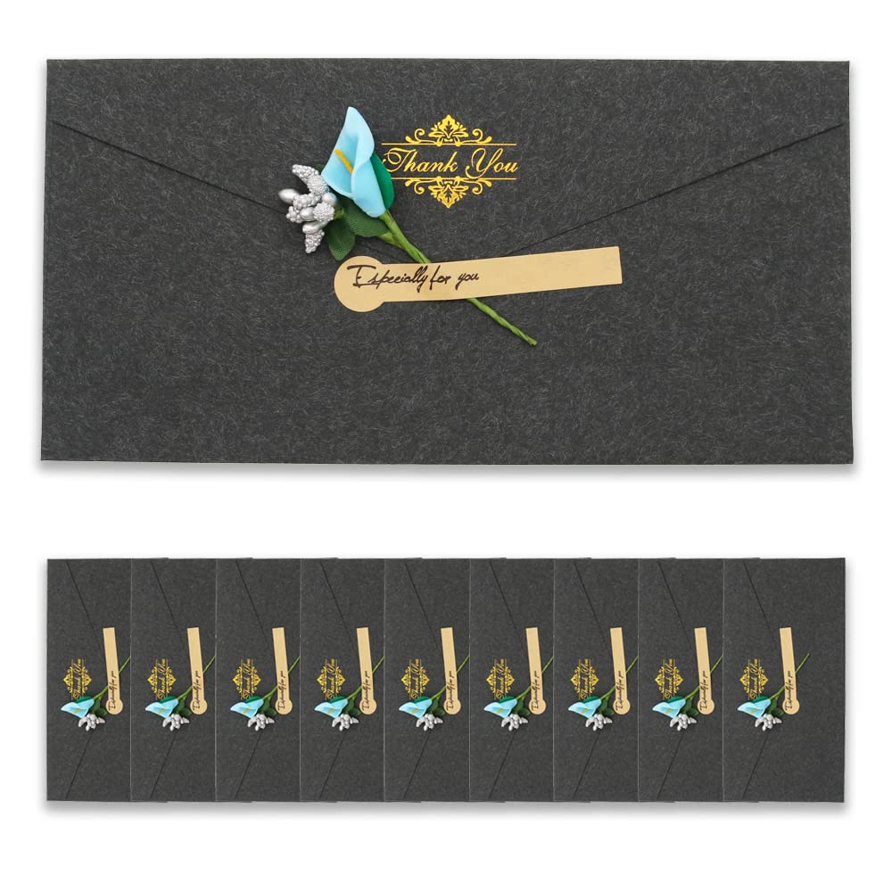 BITEYI 10pcs Fancy Envelopes with Greeting Cards Handmade Dried Flowers and Stickers,Vintage Kraft Paper Envelopes with Postcards (Black)