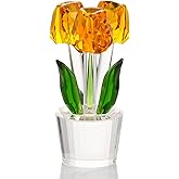 Enjinkail Yellow Tulips Artificial Flowers Glass Decor Collectible Crystal Figurine Ideas for Mom Women on Graduation Christmas Wedding