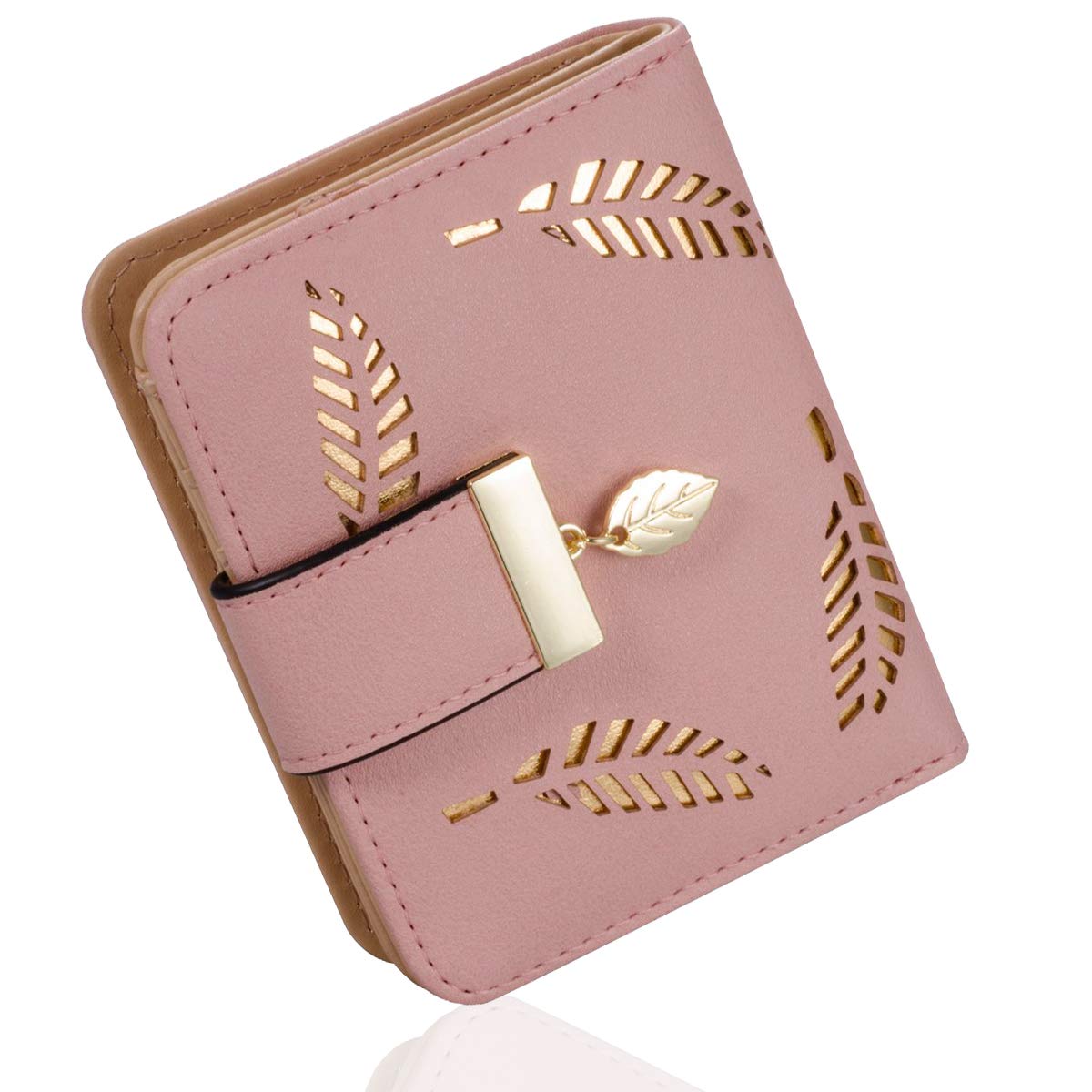 Molylove Women's Short Wallet Hollow Leaf Pattern Bifold Leather Lady Short Wallet Purse Zipper Handbag Button Clutch Bag (Pink)