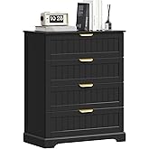 ELUREVIA 4 Wooden Drawer Dresser for Bedroom Storage, Modern Farmhouse Wood Chest of Drawers with Metal Handles, Wide Storage, Cabinet for Closet, Living Room, or Entryway Black