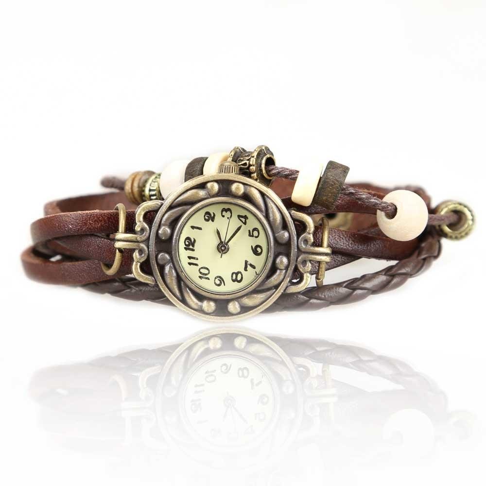 JewelryWe New Butterfly Pendant Quartz Vintage Weave Wrap Coffee Leather Strap Bracelet Watch Lady Women's Wristwatch