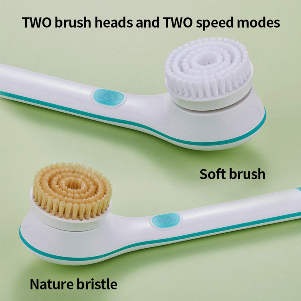 BEWEBEME Electric Shower Body Brush - Waterproof 2 in 1 Long Handle Bath Brush for Body Cleaning Exfoliating SPA Massage with 2 Replacement Brush Heads (Battery Excluded) : Beauty