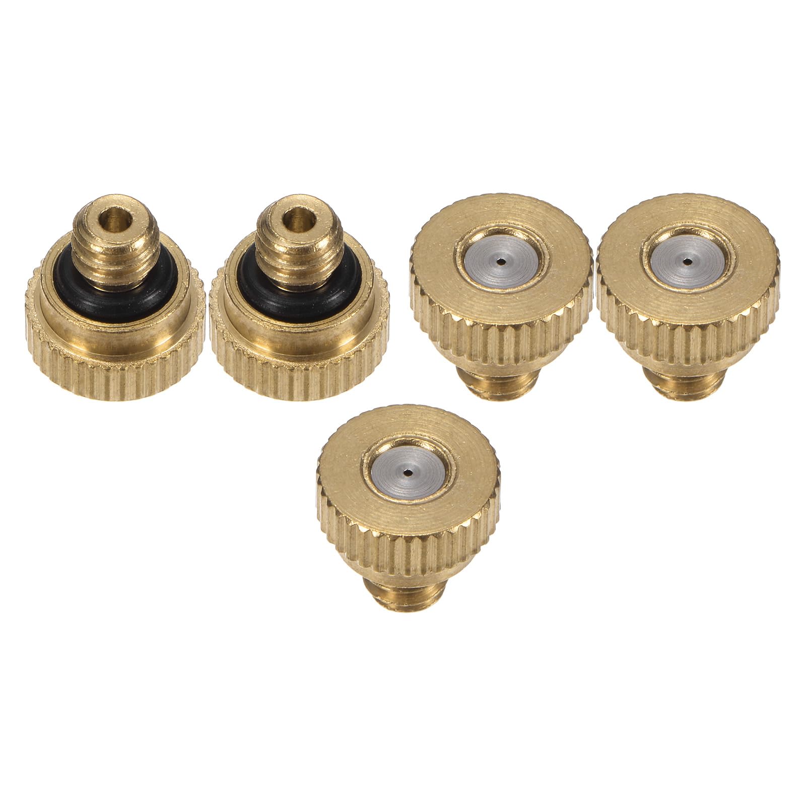 M METERXITY 5-Pack Brass Misting Nozzle, 0.02" 0.5mm Orifice 10/24 UNC O-Ring Replacement Mister Nozzles Plug Mister Heads for Garden Patio Outdoor Cooling System Low-Pressure Atomizing