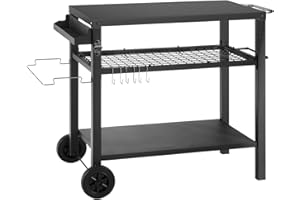 DNKMOR Dining Cart Table with Three Shelf, Movable Outdoor BBQ Grill Table Pizza Oven Stand with Three Hooks, Kitchen Cart Island Multifunctional Food Prep Table for Inside and Outside (Black)