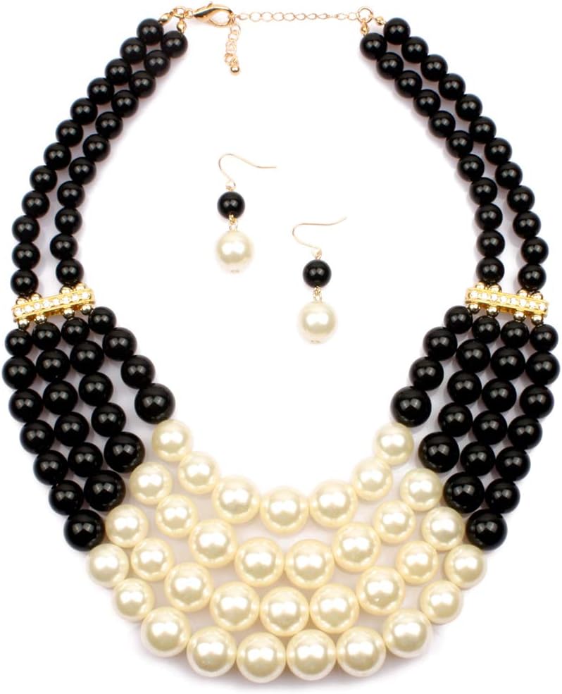 Chunky Faux Pearl Bead Cluster Collar Choker Necklace and Earrings Set Women Neck Bib Statement Maxi Jewelry