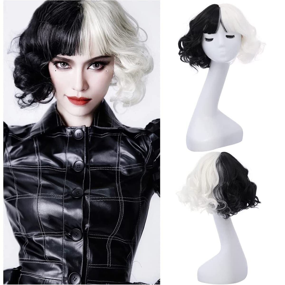 Black and White Wigs with Bangs Short Wavy Shoulder Length Wigs for Women Synthetic Wig Halloween Christmas Cosplay