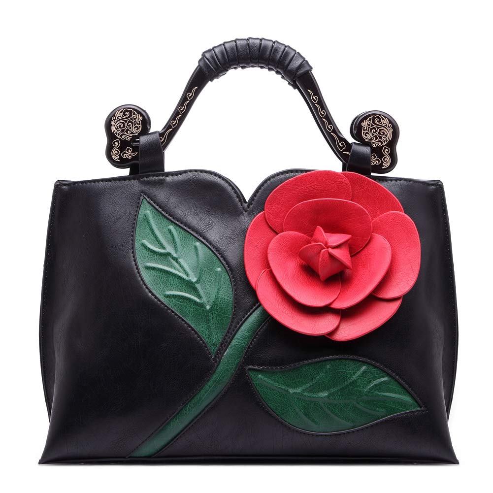 Ruiatoo Women\'s Purses and Handbags Classic Rose Ladies National Wind Shoulder Bag PU Leather Satchel Black