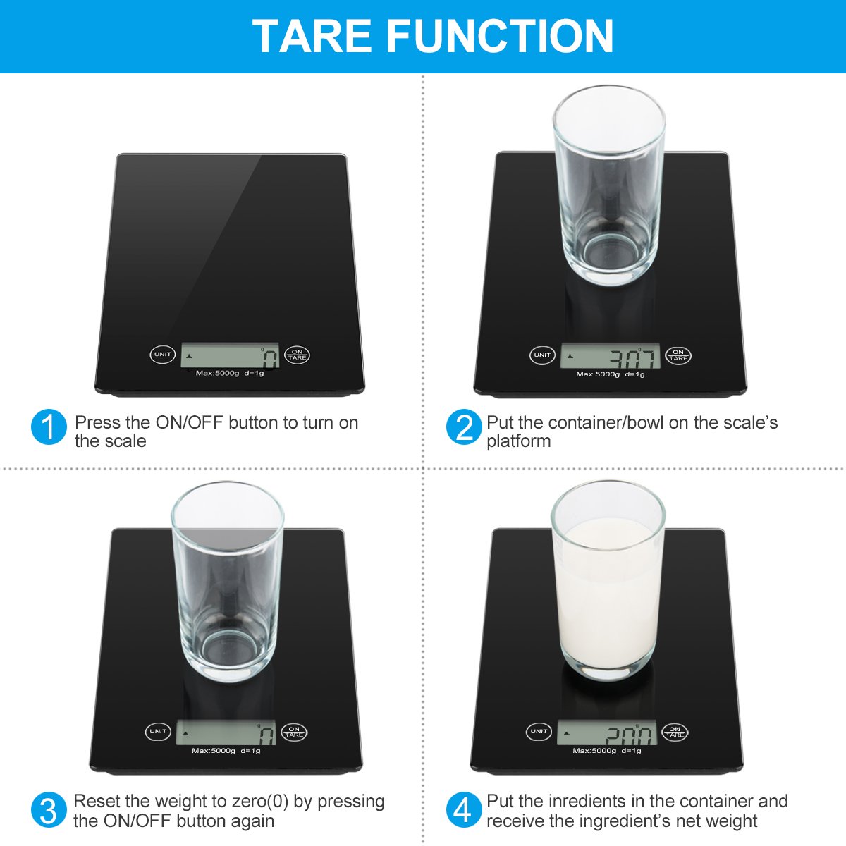 Vellepro Digital Kitchen Scale with 4 Units,Large LCD Display, Auto Off,Tare Function,Multifunction Food Scale with Water-Resistant Tempered Glass Surface,Touch Sensitive Button(Batteries Included)