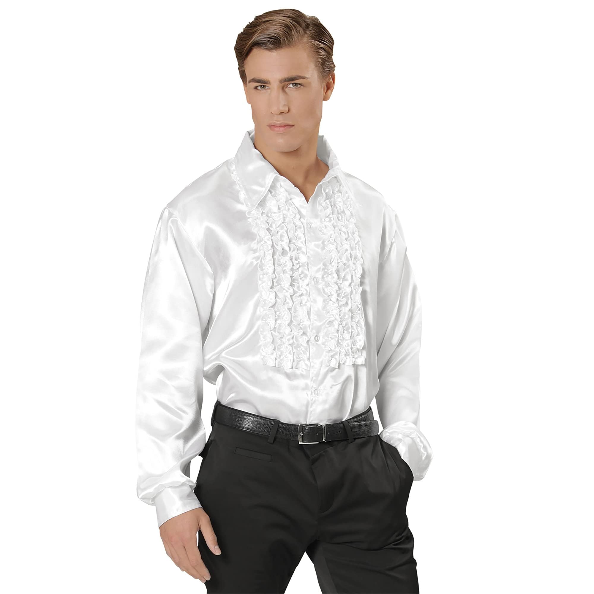 Widmann 01168-70s Disco Style Shirt, Adult Man, Made of Satin, With Ruffles, Carnival, Disco, Size M/L, White Color