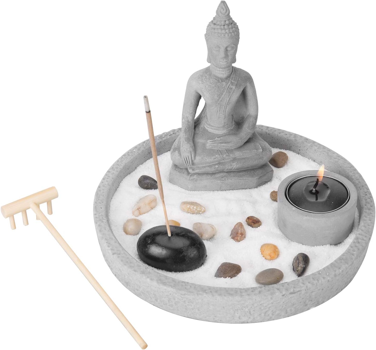 MyGift Buddha Statue Zen Garden Set with Sand, Rock & Rake, Incense & Tealight Candle Holder