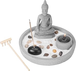 MyGift Buddha Statue Zen Garden Set with Sand, Rock & Rake, Incense & Tealight Candle Holder