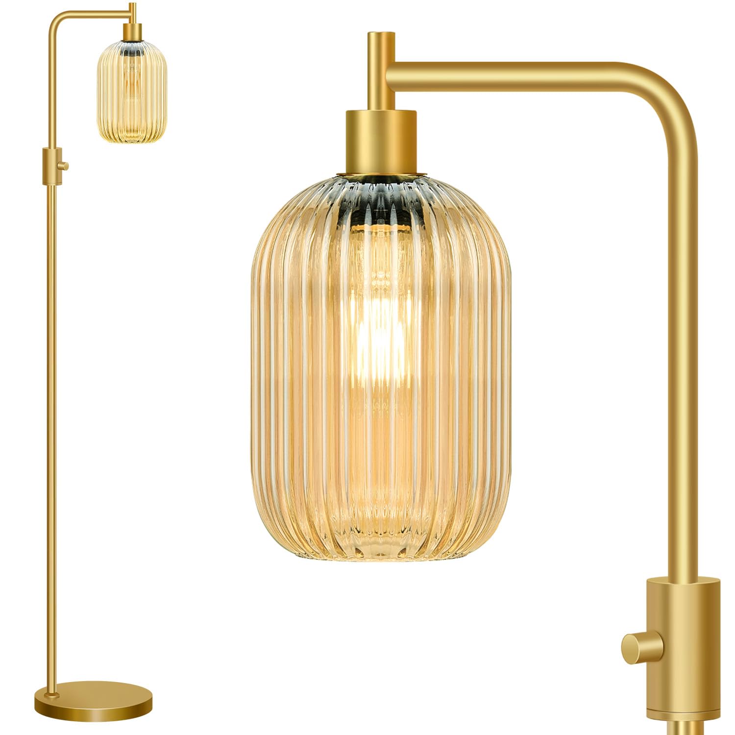 Photo 1 of ?Upgraded? Dimmable Glass Floor Lamp for Living Room, Modern Gold Standing Lamp with Amber Ribbed Glass Lampshade & Knob Dimmer, Arc Tall Lamp for Bedroom Office Reading Room, 2700K Led Bulb Included