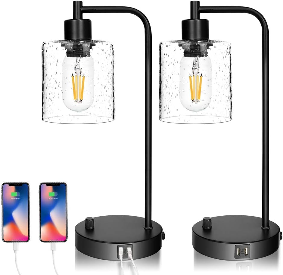 Set of 2 Industrial Table Lamps with 2 USB Port, Fully Stepless Dimmable Lamps for bedrooms, Bedside Nightstand Desk Lamps with Seeded Glass Shade for Reading Living Room Office 2 LED Bulb Included - - 