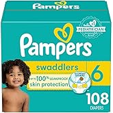 Pampers Swaddlers Diapers, Size 6 (23-44 lbs), 108 Count, Absorbent, Keeps Baby Dry and Comfortable, Skin Safe Disposable Bab