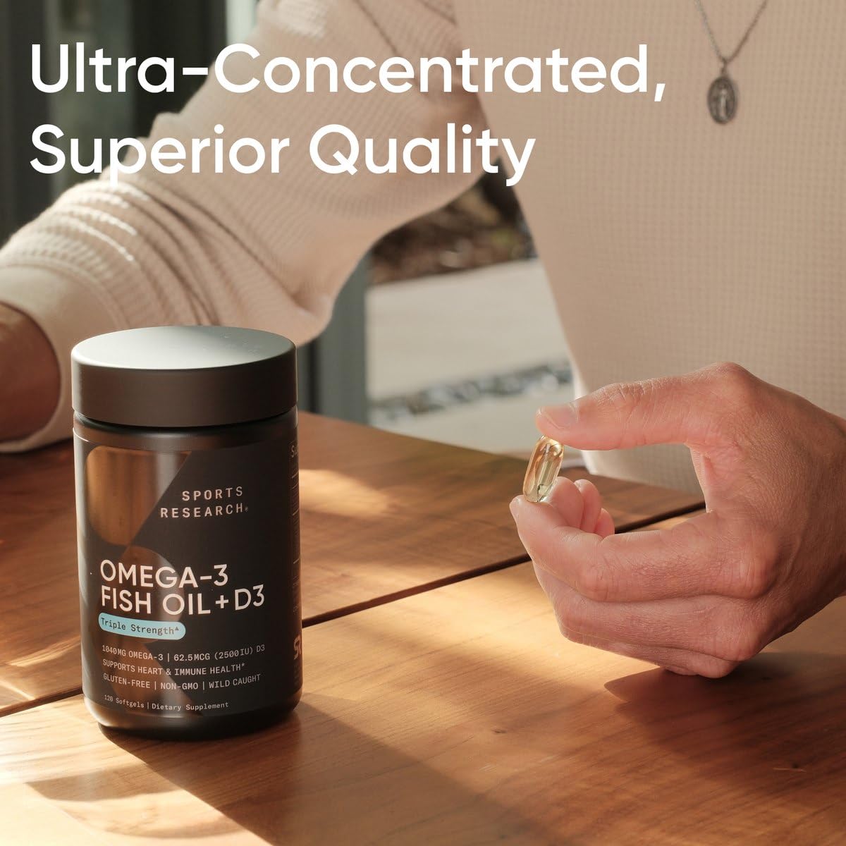 Sports Research Alaskan Omega-3 Fish Oil 1040mg + Vitamin D3 2500iu - Supports Brain & Heart Health - MSC Certified Sustainable · Wild-Caught · Non-GMO · Triglyceride Form - 120 Count Softgels
