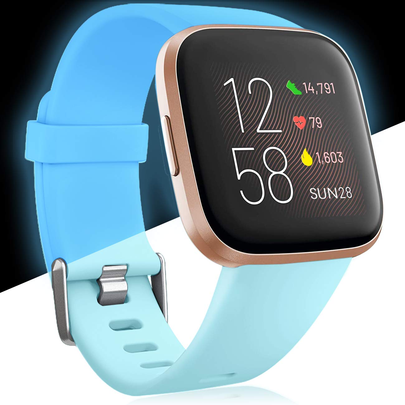 Oielai for Fitbit Versa 2 Strap/Fitbit Versa Strap, Silicone Sport Classic Replacement Straps Compatible with Fitbit Versa Lite/Fitbit Versa 2/Fitbit Versa, Small Nightglow Blue — image 1