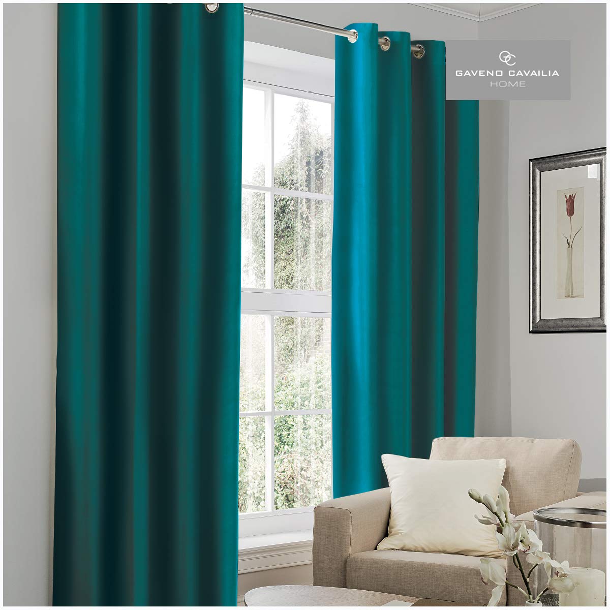 Gaveno Cavailia BlackOut Eyelet Curtains Teal, 100% Polyester Ring Top Drapery with Matching Tie Backs, Two 66"x72" Thermal Panels, Easy Care Window Treatment, 66x72 Inches, 259282