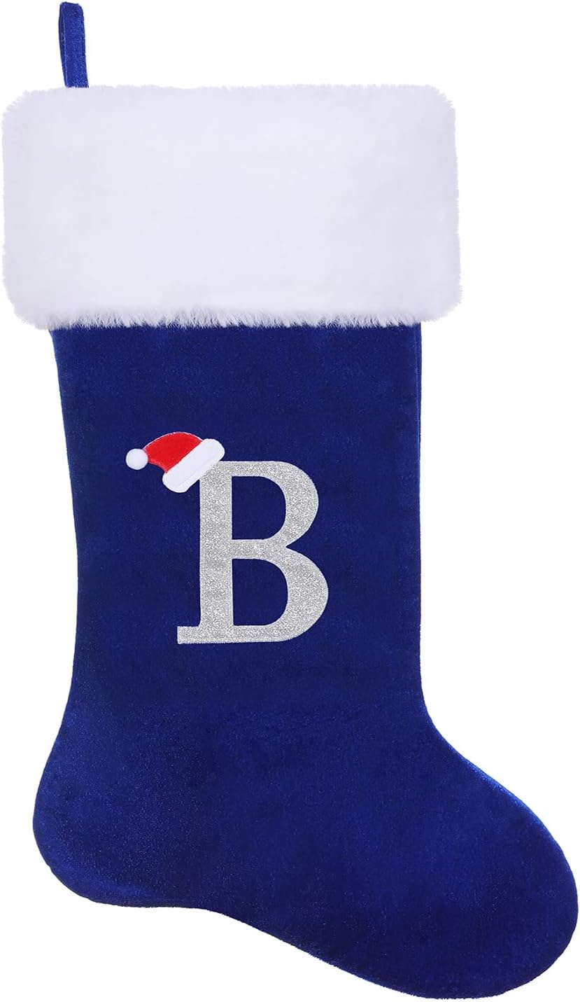 Stockings & Holders - SIRIPHUM 20.5Inches Monogram Embroidered Letter Christmas Stocking Personalized Super Soft Christmas Stocking Hanging Decorations(B)