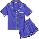 QPANCY Kids Satin Pajamas Sets Baby Boy Girl Button-Down Silk Sleepwear 2 Piece Short Sleeve Loungewear Clothes Set